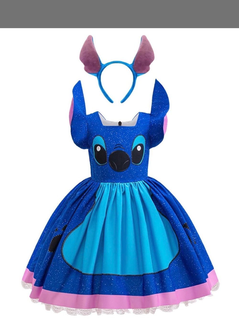 Girls Blue Stitch-Inspired Costume Dress with Pink Trim &headband 4-5years